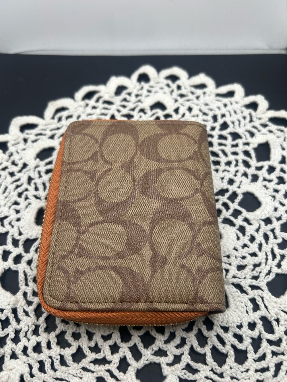 COACH Brown Signature Canvas Wallet with Orange Tab - Picture 2 of 4